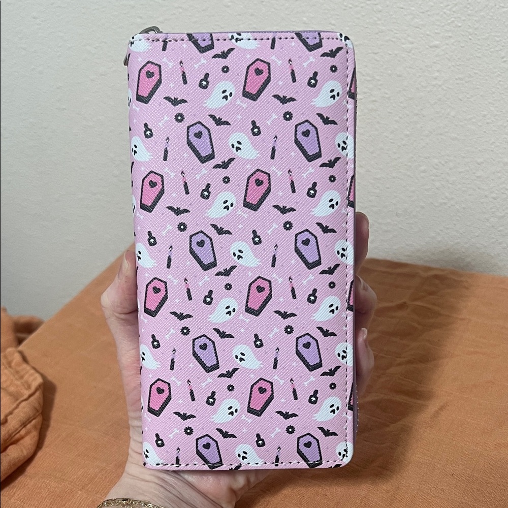 Em & Sprout Spooky Pink Coffin Ghost Bat Candle Long Zipper Wallet NEW